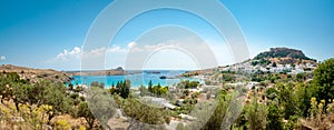 Panoramic view over Lindos village with ruins of ancient Acropolis. Island of Rhodes. Greece. Europe