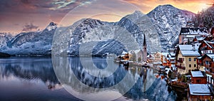 Panoramic view of the little village of Hallstatt, Austria, during winter sunset time