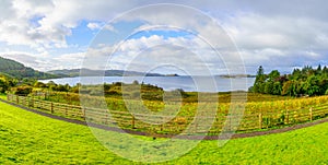 Panoramic view of Loch Melfort landscape, Argyll and Bute