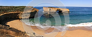 Panoramic view of the London Arch formerly London Bridge on a glorious morning, Port Campbell National Park, Victoria, Australia