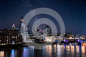 Panoramic view of the London financial district with many skyscrapers