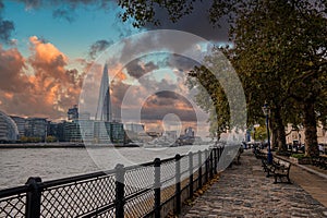 Panoramic view of the London river Thames during magical sunset.