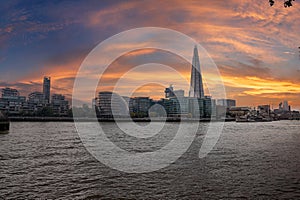 Panoramic view of the London river Thames during magical sunset.