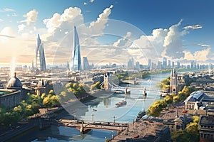 Panoramic view of London at sunset, United Kingdom. 3D rendering