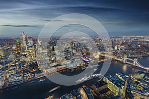 Panoramic view of London: from the Tower Bridge to Canary Wharf, UK