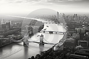 Panoramic view of London, UK in black and white. Aerial view of London and the River Thames, AI Generated