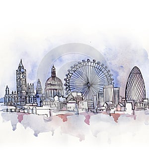 The panoramic view of London watercolor