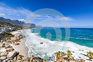A panoramic view looking down on the beautiful white sand beaches of clifton in the capetown area of south africa.2