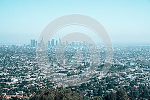 Panoramic view of Los Angeles downtown with many skyscrapers