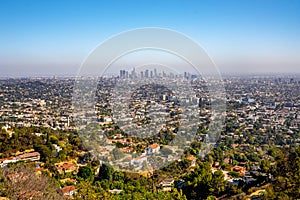Panoramic view of Los Angeles downtown with many skyscrapers