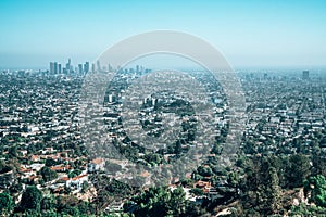 Panoramic view of Los Angeles downtown with many skyscrapers