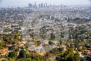 Panoramic view of Los Angeles downtown with many skyscrapers