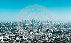 Panoramic view of Los Angeles downtown with many skyscrapers