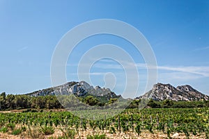 Panoramic view of the low mountains Chaine of Alpilles in Provence
