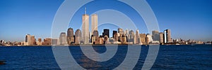 Panoramic view of lower Manhattan and Hudson River, New York City skyline, NY with World Trade Towers at sunset