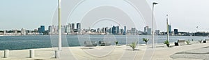 Panoramic view at the Luanda downtown, from Cabo Island, cityscape skyline buildings, bay Port of Luanda, fortress, marginal and