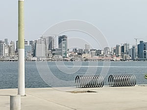 Panoramic view at the Luanda downtown, from Cabo Island, cityscape skyline buildings, bay Port of Luanda, fortress, marginal and