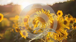 A panoramic view of a lush field of sunflowers the bright yellow flowers gleaming in the sunlight. A caption at the