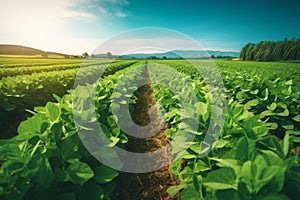 A panoramic view of a lush green farm with rows of crops stretching into the distance, showcasing the vastness and productivity of