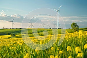 Panoramic view of a lush green field with wind turbines under a blue sky, showcasing renewable energy