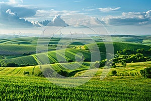 Panoramic view of a lush green field with wind turbines under a blue sky, showcasing renewable energy