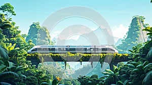 A panoramic view of a lush green landscape with a sleek and futuristic subway train zipping along a railway that