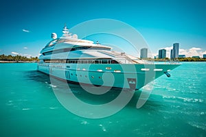A panoramic view of a luxury yacht cruising along the coastline, surrounded by crystal-clear turquoise waters and a cloudless sky