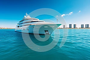 A panoramic view of a luxury yacht cruising along the coastline, surrounded by crystal-clear turquoise waters and a cloudless sky