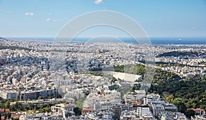 Panoramic view from Lycabettus hill of athens city, greece and ancient stadium