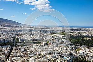Panoramic view from Lycabettus hill of athens city, greece and ancient stadium