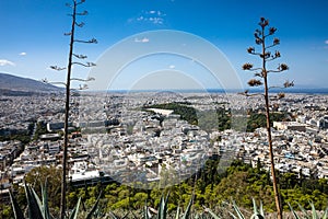 Panoramic view from Lycabettus hill of athens city, greece and ancient stadium