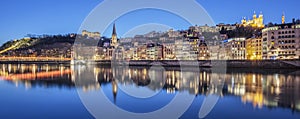 Panoramic view of Lyon with Saone river by night