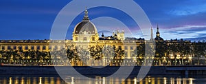 Panoramic view of Lyon at sunset with Rhone river