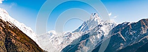 Panoramic view of Machapuchare Peak. Nepal mountain landscape. Annapurna circuit, Himalaya, Asia