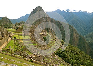 Panoramic View of Machu Picchu Ancient Inca Citadel in the Early Morning with Few Visitors, Cuzco Region, Peru