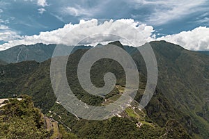 panoramic view Machu Picchu, Peru - Ruins of Inca Empire city and Huaynapicchu Mountain, Sacred Valley