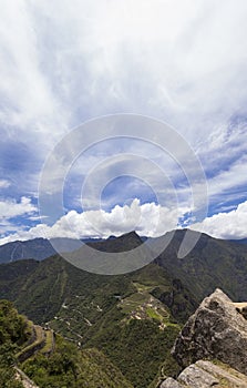 panoramic view Machu Picchu, Peru - Ruins of Inca Empire city and Huaynapicchu Mountain, Sacred Valley