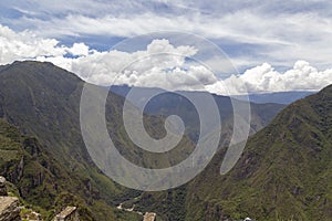 panoramic view Machu Picchu, Peru - Ruins of Inca Empire city and Huaynapicchu Mountain, Sacred Valley