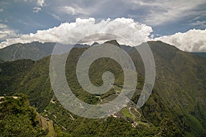 panoramic view Machu Picchu, Peru - Ruins of Inca Empire city and Huaynapicchu Mountain, Sacred Valley