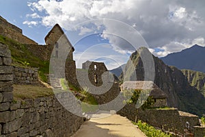 panoramic view Machu Picchu, Peru - Ruins of Inca Empire city and Huaynapicchu Mountain, Sacred Valley