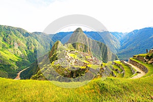 Panoramic view of Machupicchu world heritage site at Cusco Peru