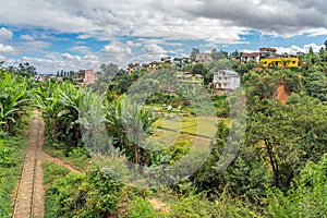 Panoramic view of Madagascar landscape with fields and houses