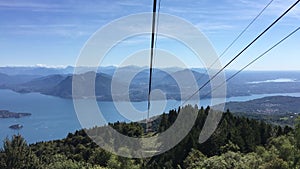 Panoramic view of Maggiore Lake from an aerial cableway go downhill, Stresa, Italy