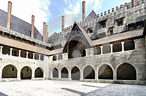 Panoramic view of the main Courtyard of the Palace of the Dukes of Braganza in Guimaraes, in Norman style built in granite stone a