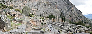 Panoramic view of the main monuments and places of Greece. Ruins of ancient Delphi. Oracle of Delphi