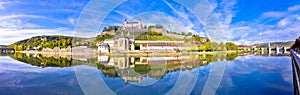 Panoramic view of Main river and scenic Wurzburg castle and waterfront