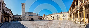 Panoramic view of the main square of the medieval city of Pedraza with its old stone buildings, Segovia, Spain.