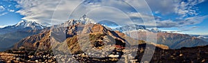 Panoramic view of the majestic Himalayan peaks - Machapuchare, Annapurna South, Annapurna I, Annapurna IV and Annapurna