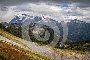 Panoramic View of the majestic Mt. Shuksan in the Cascade Mountain range.