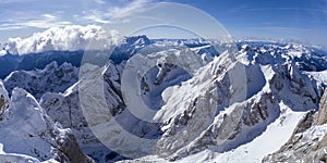 Panoramic View of Majestic Snow-Covered Mountains under Clear Sky